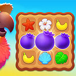 Renkli bir papağan, hasır şapkalı, çeşitli meyvelerin ve deniz kabuğu, çiçek gibi simgelerin bulunduğu bir bulmacanın yanında duruyor