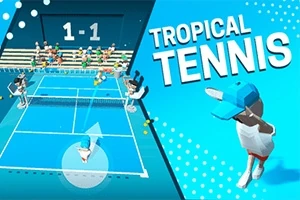 Mavi bir tenis kortunda, beyaz spor kıyafetleri giyen bir karakter tenis oynarken kameraya doğru dönmüş, sağ üstte büyük harflerle TROPICAL TENNIS yazısı dikkat çekiyor