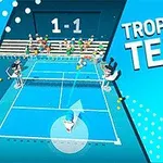 Mavi bir tenis kortunda, beyaz spor kıyafetleri giyen bir karakter tenis oynarken kameraya doğru dönmüş, sağ üstte büyük harflerle TROPICAL TENNIS yazısı dikkat çekiyor