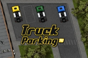 Üç farklı renkte kamyon park edilmiş ve üzerinde Truck Parking Pro yazısı bulunan otopark alanı