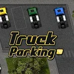 Üç farklı renkte kamyon park edilmiş ve üzerinde Truck Parking Pro yazısı bulunan otopark alanı