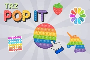 Renkli pop it oyuncakları, bir el simgesi ve gökkuşağı temalı nesneler içeren çeşitli şekiller
