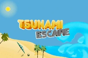 Kumsalda, güneşli bir günde palmiye ağaçları ve büyük bir dalganın yanında bir şemsiye altında Tsunami Escape yazısı