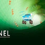 Yeşil bir tünelde hızla giden mavi bir araç ve uçuşan oklar