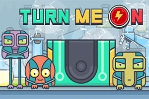Renkli robotlar ve TURN ME ON yazısı bulunan çizgi film tarzı bir görüntü