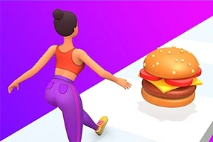 Kadın figürü, beyaz zeminde dev bir hamburgerin arkasından koşuyor