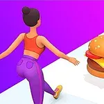 Kadın figürü, beyaz zeminde dev bir hamburgerin arkasından koşuyor
