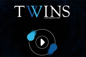 Siyah arka plan üzerinde büyük beyaz harflerle yazılmış TWINS yazısı ve merkezde bir oynat düğmesi simgesi bulunan iki mavi daire