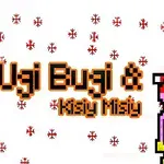 Kırmızı şapkalı mavi ve pembe piksel karakterler, kar taneleri fonunda yer alıyor ve turuncu renkte Ugi Bugi & Kişi Mişi yazısı bulunuyor