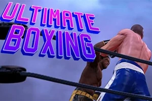 İki boksörün ringde mücadele ettiği sahnenin üzerinde Ultimate Boxing yazısı