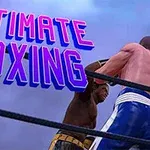 İki boksörün ringde mücadele ettiği sahnenin üzerinde Ultimate Boxing yazısı