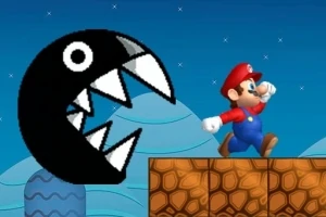 Mario, büyük dişleri olan siyah bir yaratık tarafından kovalanırken bloklar üzerinde koşuyor