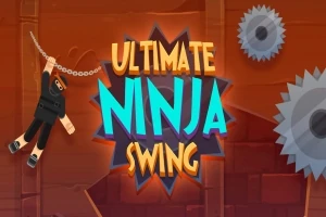 Turuncu arka planda zincirle sallanan bir ninja figürü ve sağda dairesel testere bıçakları