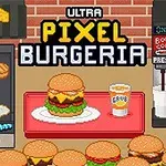 Piksel tarzında bir mutfak sahnesi, ortada bir hamburger ve içecekle birlikte ızgarada kızaran yiyeceklerin bulunduğu renkli bir ortam