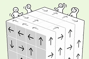 Büyük bir 3D küp üzerinde oklar çizilmiş ve etrafında dört karikatür karakteri bulunuyor