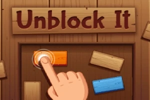 Ahşap bir zemin üzerinde Unblock It yazısı ve bir elin turuncu bir bloğa dokunması