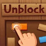 Ahşap bir zemin üzerinde Unblock It yazısı ve bir elin turuncu bir bloğa dokunması