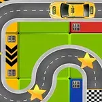 Kavisli bir yol üzerinde, sarı bir taksi ve etrafında yıldızlarla dolu renkli bir platform yer alıyor