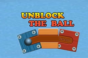 Mavi arka plan üzerinde Unblock the Ball yazısı, metal bir top ve ahşap bloklar
