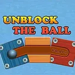 Mavi arka plan üzerinde Unblock the Ball yazısı, metal bir top ve ahşap bloklar