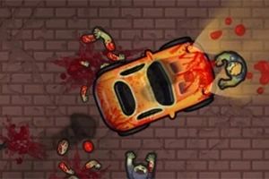 Turuncu bir arabanın etrafında kan lekeleri ve zombi figürleri bulunan bir sahne