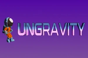 Mor bir arka plan üzerinde, kasklı turuncu ve mavi bir astronot figürünün yanında büyük harflerle UNGRAVITY yazısı