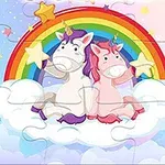 İki unicorn gökkuşağı altında bulutların üzerinde yan yana oturuyor, her biri yıldız tutuyor