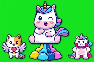 Bir yeşil arka plan üzerinde ortada gökkuşağı tonlarında bir bulut üzerindeki tek boynuzlu at, solunda kalp tutan kanatlı bir kedi ve sağında boynuzlu, kızgın ifadeli bir hayvan çizimi