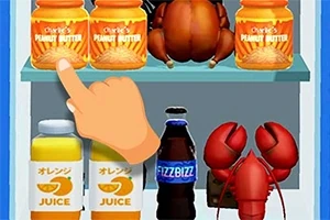 Raflarda fıstık ezmesi kavanozları, meyve suyu kutuları, bir soda şişesi, karides ve kırmızı eldiven şeklinde iki nesne yer alıyor