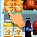 Raflarda fıstık ezmesi kavanozları, meyve suyu kutuları, bir soda şişesi, karides ve kırmızı eldiven şeklinde iki nesne yer alıyor