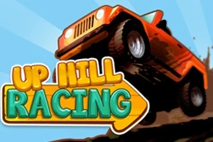 Turuncu bir arazi aracı, yükseltilmiş arazide hareket halindeyken, arka planda Up Hill Racing yazısı yer alıyor