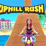 Bir kadın, deniz kenarındaki şehir manzarasında ahşap bir rampada motosiklet sürüyor, UPHILL RUSH 12 yazısı üstte yer alıyor
