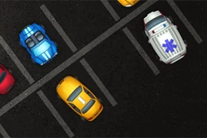 Otoparkta çizgilerle ayrılmış alanlarda mavi, sarı ve kırmızı renkli arabalar ve bir ambulans yer alıyor