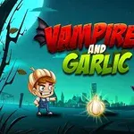 Karanlık bir arka planda, ortada bir sarımsak, sol tarafta balkabağı kafalı bir çocuk, sağda vampir benzeri bir karakter ve üstte büyük renkli harflerle Vampires and Garlic yazısı