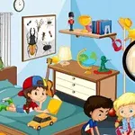Çocuklarla dolu bir odada oyuncaklar ve büyüteç detaylarıyla zenginleştirilmiş renkli bir sahne