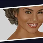 Kısa saçlı, geniş gülümseyen bir kadının dijital portresi