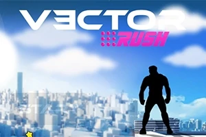 Şehir manzarasına bakan siyah silüetli bir figür ve üstte VECTOR RUSH yazısı
