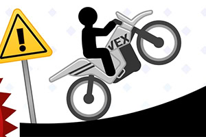 Siyah silüet bir kişinin VEX yazılı bir motosikletle yamaca tırmanırken yanında bir uyarı tabelası