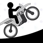 Siyah silüet bir kişinin VEX yazılı bir motosikletle yamaca tırmanırken yanında bir uyarı tabelası