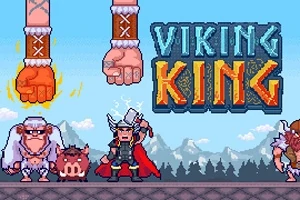 Bir viking, domuz ve dev ellerin yer aldığı piksel tarzı çizim, arka planda dağ manzarası ve Viking King yazısı