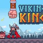 Bir viking, domuz ve dev ellerin yer aldığı piksel tarzı çizim, arka planda dağ manzarası ve Viking King yazısı