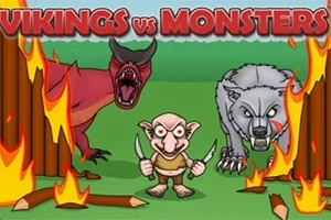 Kırmızı yazı ile Vikings vs Monsters başlığının altında alevler içinde bir orman fonunda duran kırmızı ejderha, gri kurt ve bıçaklı küçük bir karakter