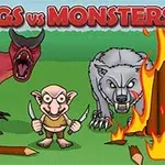 Kırmızı yazı ile Vikings vs Monsters başlığının altında alevler içinde bir orman fonunda duran kırmızı ejderha, gri kurt ve bıçaklı küçük bir karakter