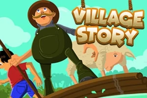Adam, koyun ve çocuk bir köprüde yürürken görülüyor, arka planda Village Story yazısı var