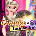 İki moda tarzını temsil eden, biri vintage elbiseli ve diğeri modern giyimli iki karakterin yan yana sunulduğu renkli bir poster
