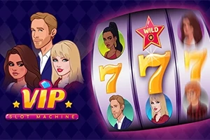 VIP Slot Machine tasarımında çizgi karakterler ve bir slot makinesi ile 7 ve WILD sembolleri