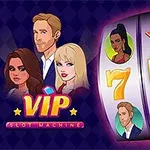 VIP Slot Machine tasarımında çizgi karakterler ve bir slot makinesi ile 7 ve WILD sembolleri