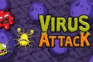 Yeşil ve turuncu renkte büyük Virus Attack yazısının yanında kırmızı ve sarı virüs çizimleri ile mor arka plan