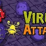 Yeşil ve turuncu renkte büyük Virus Attack yazısının yanında kırmızı ve sarı virüs çizimleri ile mor arka plan