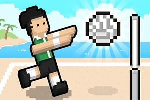 Piksel tarzında bir karakter, sahil arka planında voleybol topuna vuruyor